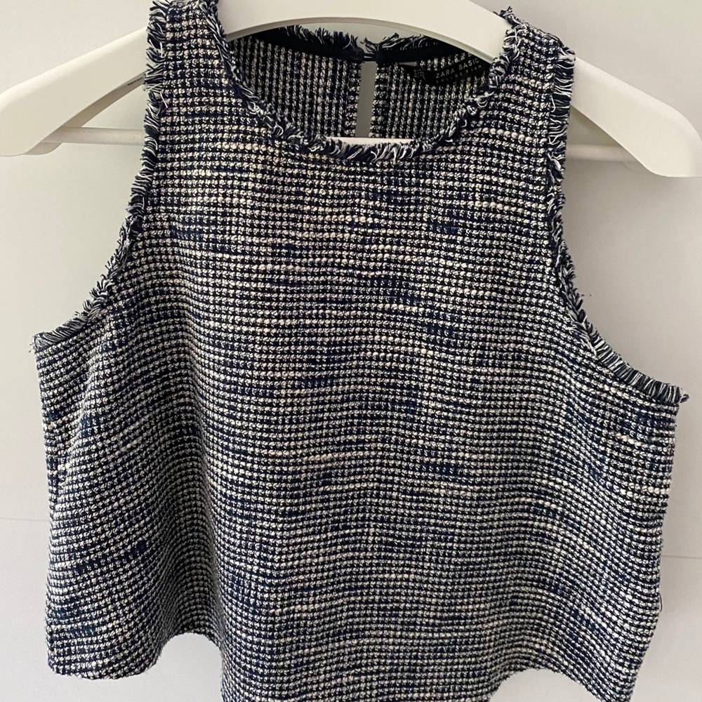 Zara Basic Women Blue Tweed Sleeveless Top Vest M